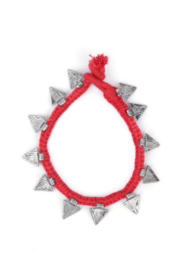 Set Of 2: Shiza Red Thread & Antique Plated Brass Triangular Charm Anklets